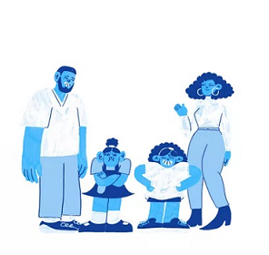 a cartoon image of a family with a mum and dad and two children