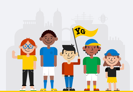 a cartoon image of five children of different ages and races one is holding a yellow flag