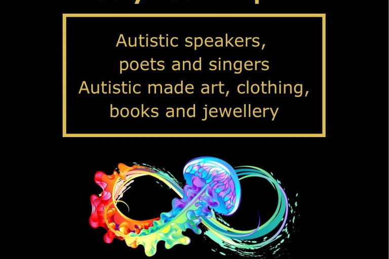flyer for the AIM autistic Pride and Craft fair. Black background with gold text