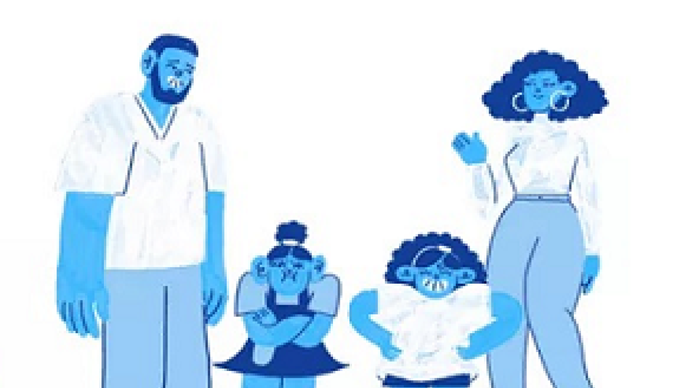 a cartoon image of a family with a mum and dad and two children
